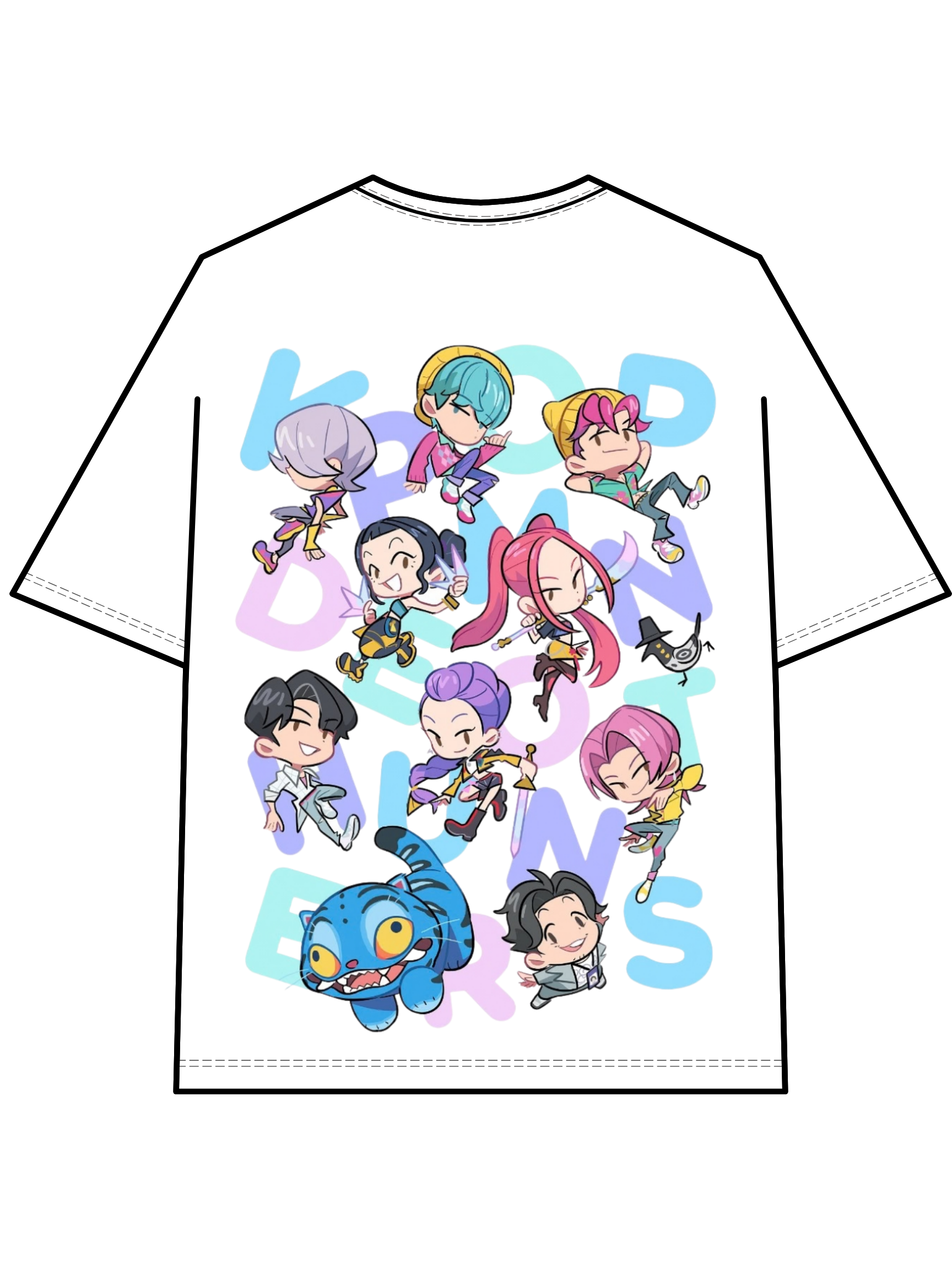 Colorful cartoon characters floating against a background with the words "KPOP DEMON HUNTERS" faintly visible.