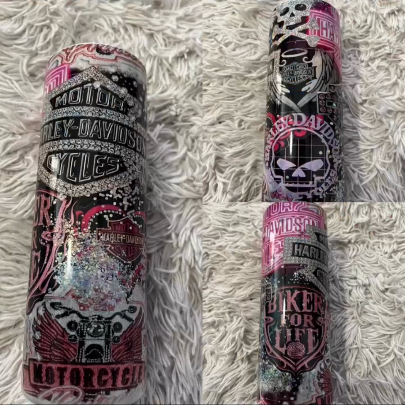 Collage of three Harley-Davidson themed cans with glittery and graffiti-style graphics on a white shag rug.