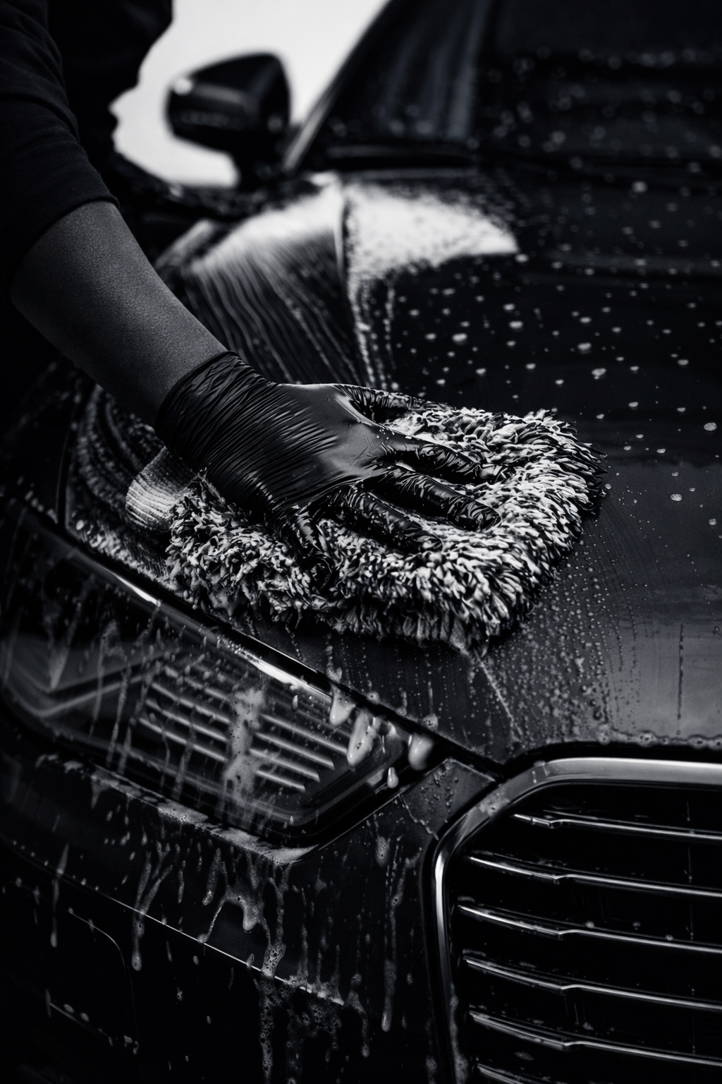 Person washing a black car with a sponge and soap, wearing black gloves. The car has soap suds on its surface.
