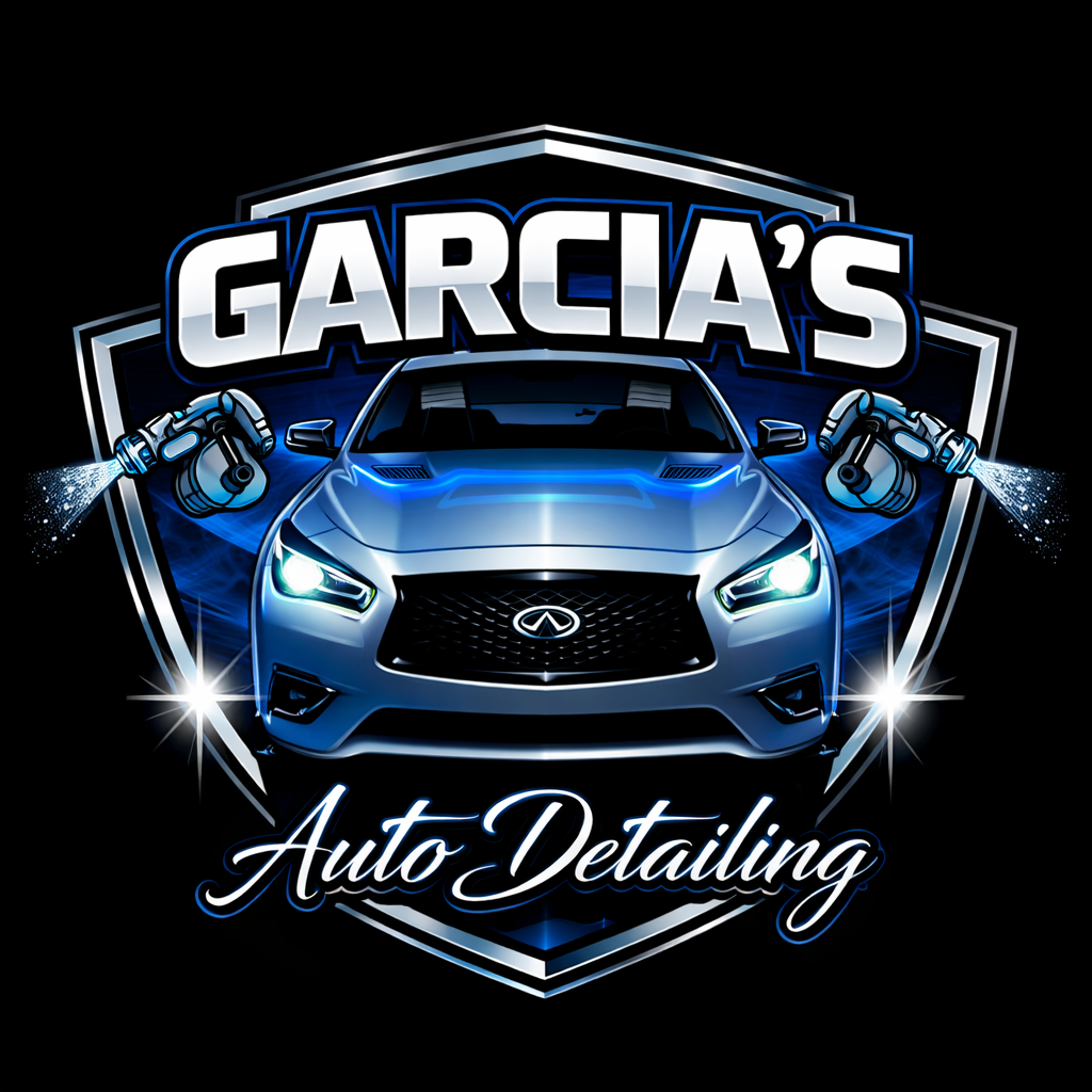 A logo for Garcias Auto Detailing featuring a blue car with highlighted headlights, two robotic hands spraying water, and bold text.