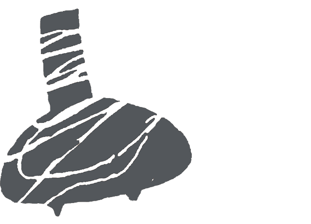 A stylized, black and gray illustration of a sneaker or athletic shoe with a prominent sole and laces.