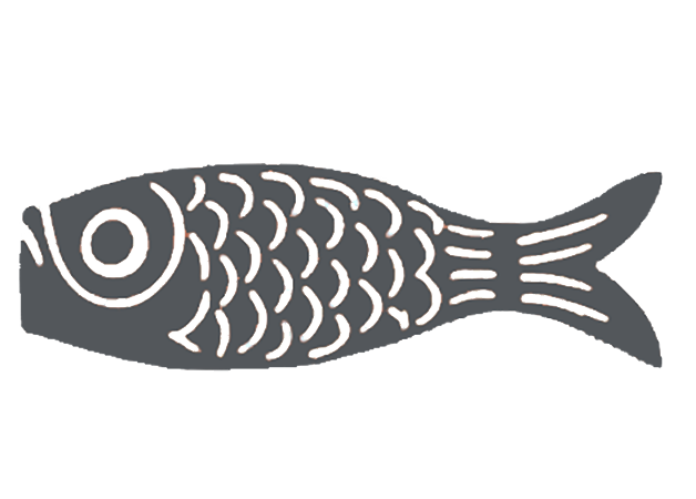 A stylized fish illustration with a simple, patterned body and tail.