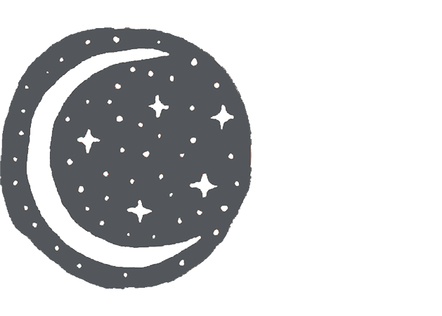 Design of a crescent moon and star outline with a starry night sky filled with smaller stars inside a circular shape.