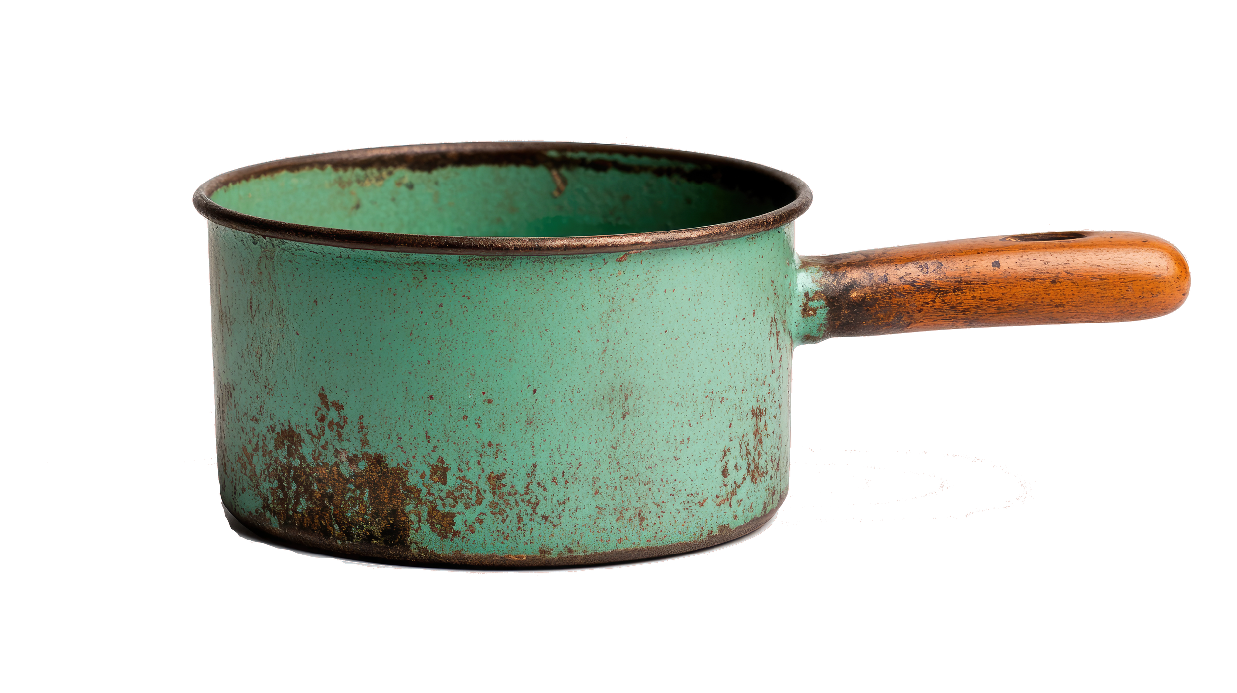 A weathered, light green enamel coffee pot with a wooden handle, showing spots of rust and chipped paint, set against a reddish-brown background.