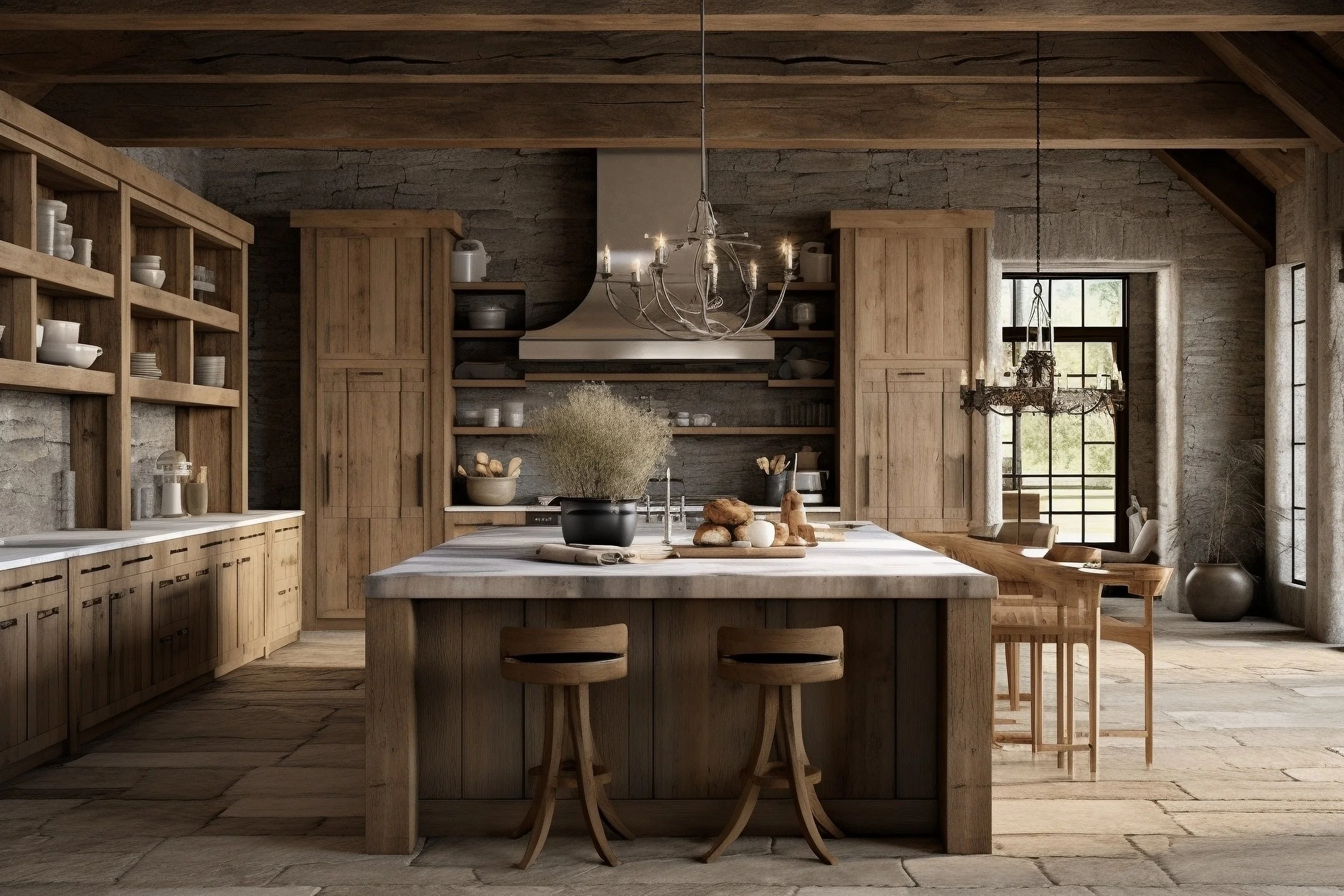 Interior view of a rustic kitchen with wooden cabinets, open shelving with dishes, a central island with a bowl of bread, and large windows bringing in natural light.