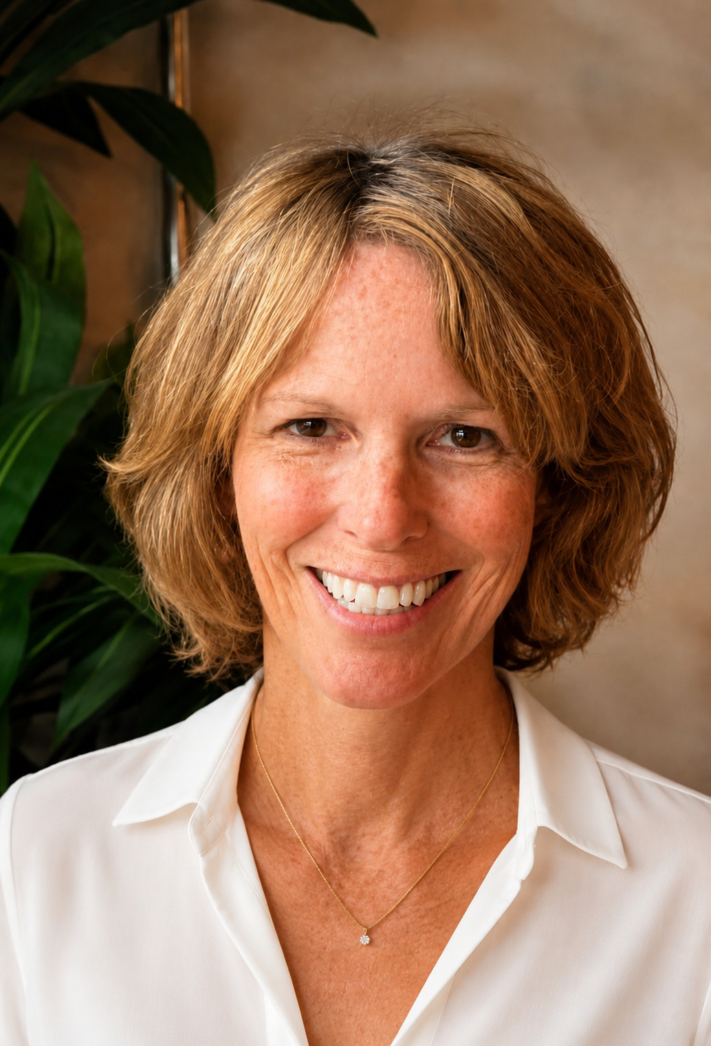 A smiling woman with short, wavy blonde hair, wearing a white collared shirt and a dainty necklace, standing in front of green plants and a beige background.