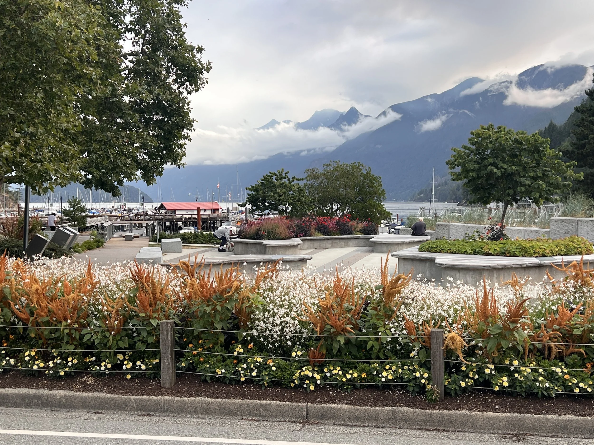 A scenic waterfront park with colorful flowers in the foreground, trees, a dock with sailboats, and mountains with clouds in the background.