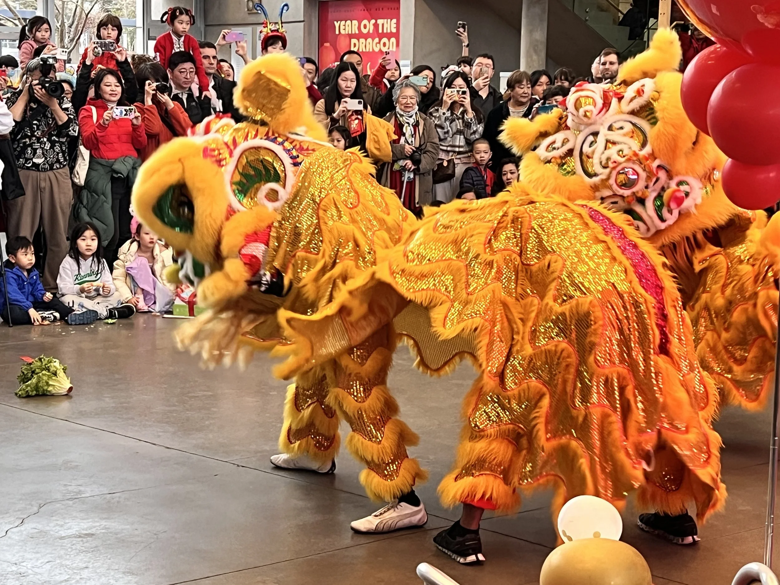 A traditional Chinese lion dance performance with performers in yellow and gold costumes amid an audience of children and adults capturing photos and videos at an indoor event.