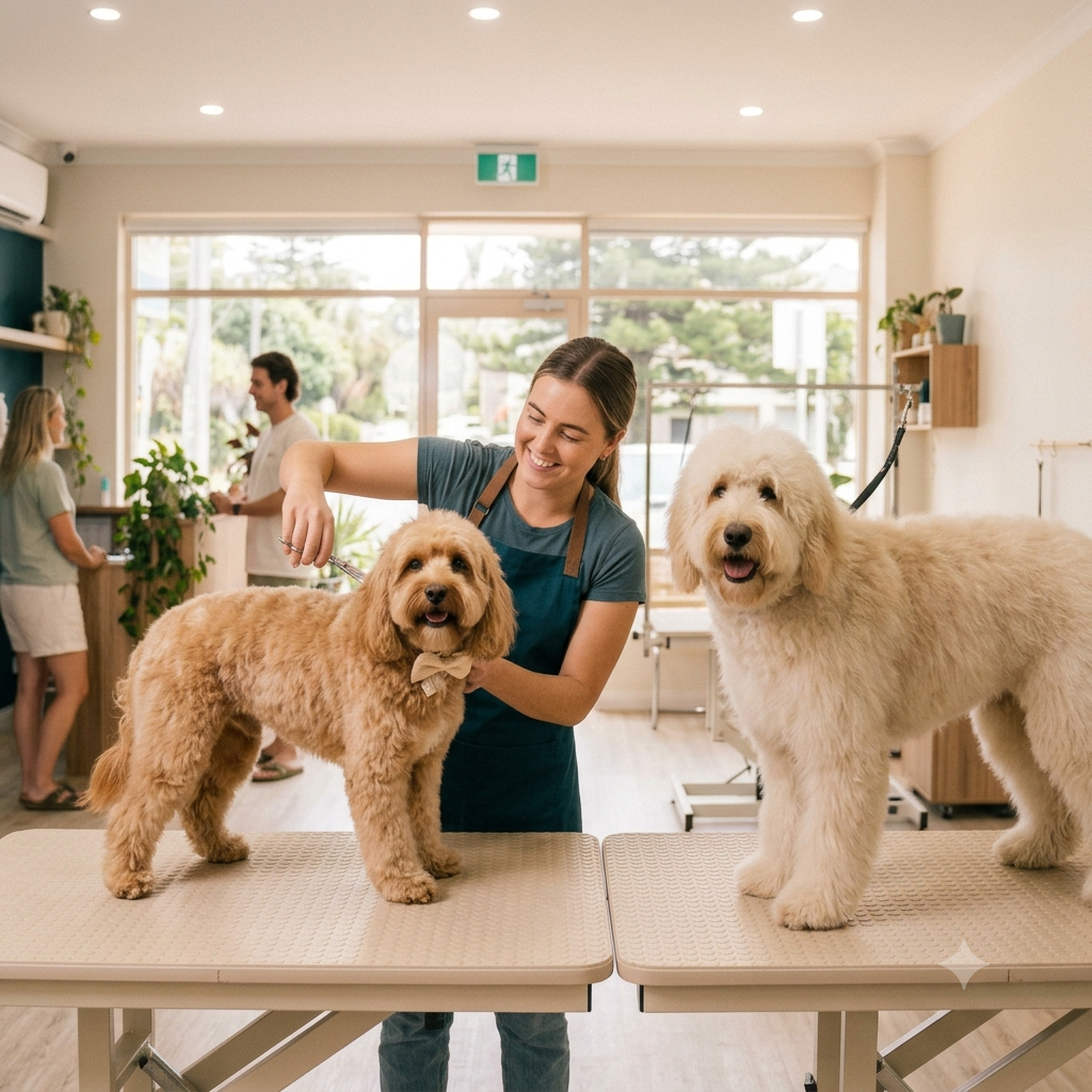 A groomer petting two fluffy dogs on grooming tables inside a pet grooming salon with large windows, plants, and people in the background.