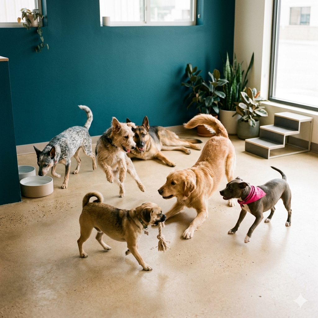 Multiple dogs playing and interacting in a brightly lit indoor room with blue walls, large windows, green plants, and pet bowls.