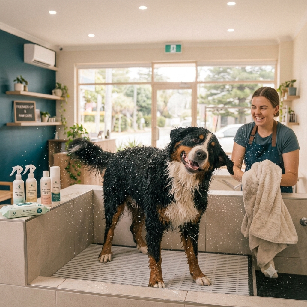 A dog getting a bath in a grooming salon with a cheerful groomer standing nearby, holding a towel.