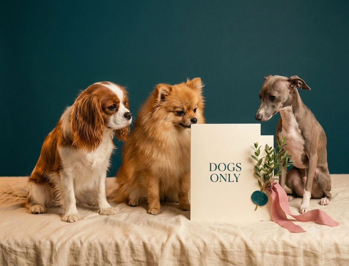 Three dogs sitting in front of a white sign that reads 'Dogs Only,' decorated with green leaves and a pink ribbon, on a beige surface with a teal background.