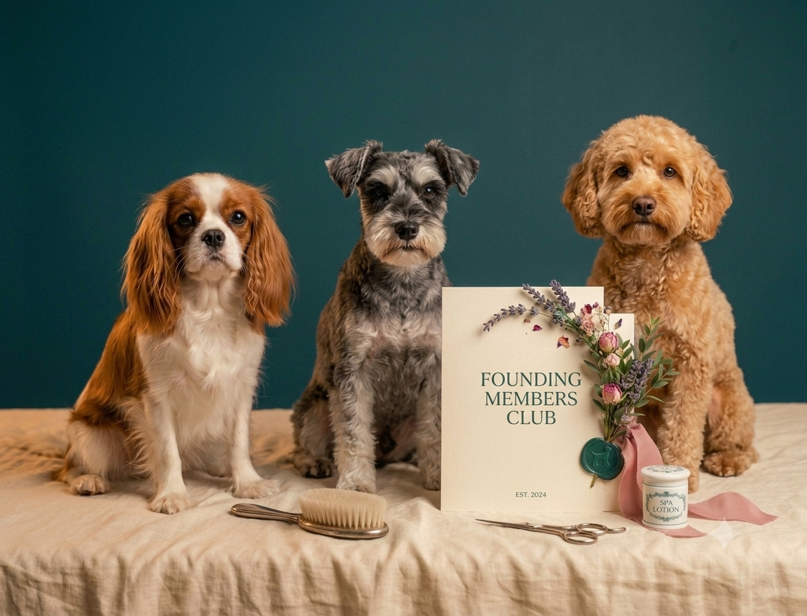Three dogs sitting on a beige cloth surface with grooming tools, a spa lotion, and a 'Founding Members Club' card decorated with flowers and a teal wax seal, against a green background.