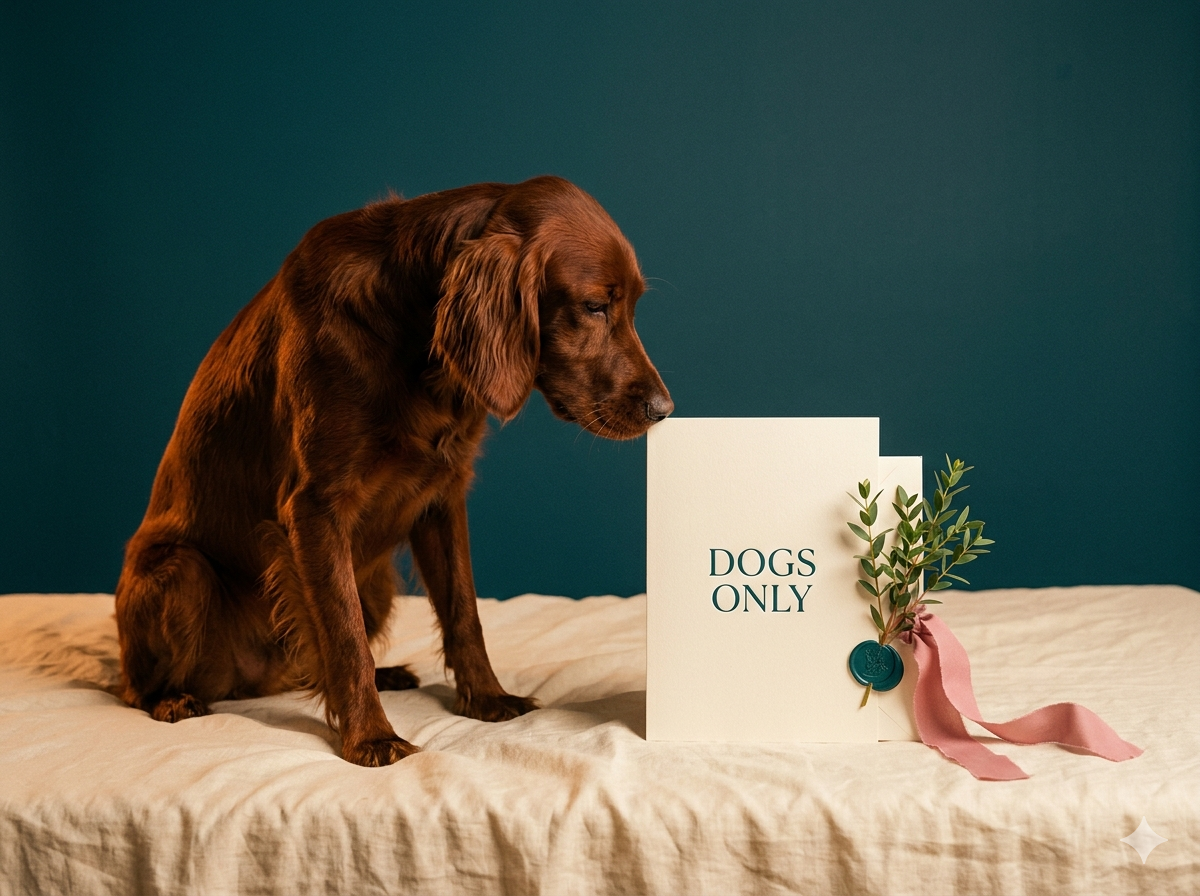 A brown dog sitting on a bed next to a white sign that says 'Dogs Only' with green leaves, pink ribbon, and a wax seal attached.