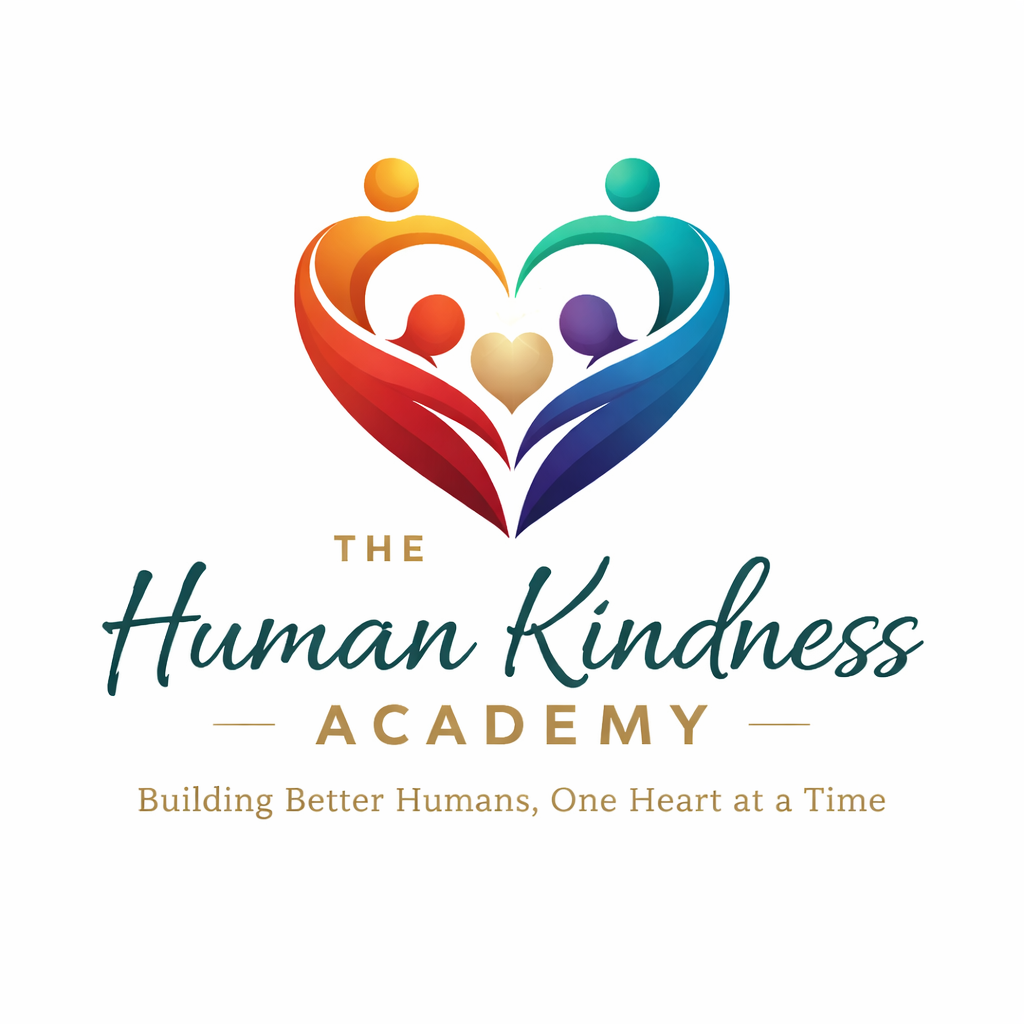 Logo for The Human Kindness Academy featuring a colorful heart with abstract human figures and the slogan "Building Better Humans, One Heart at a Time."