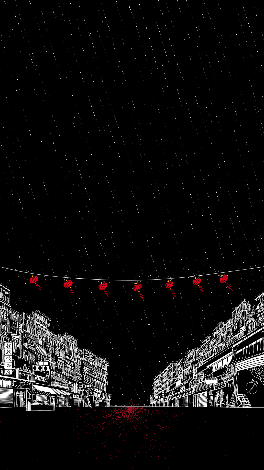 red lanterns hanging over chinatown on a dark and rainy night