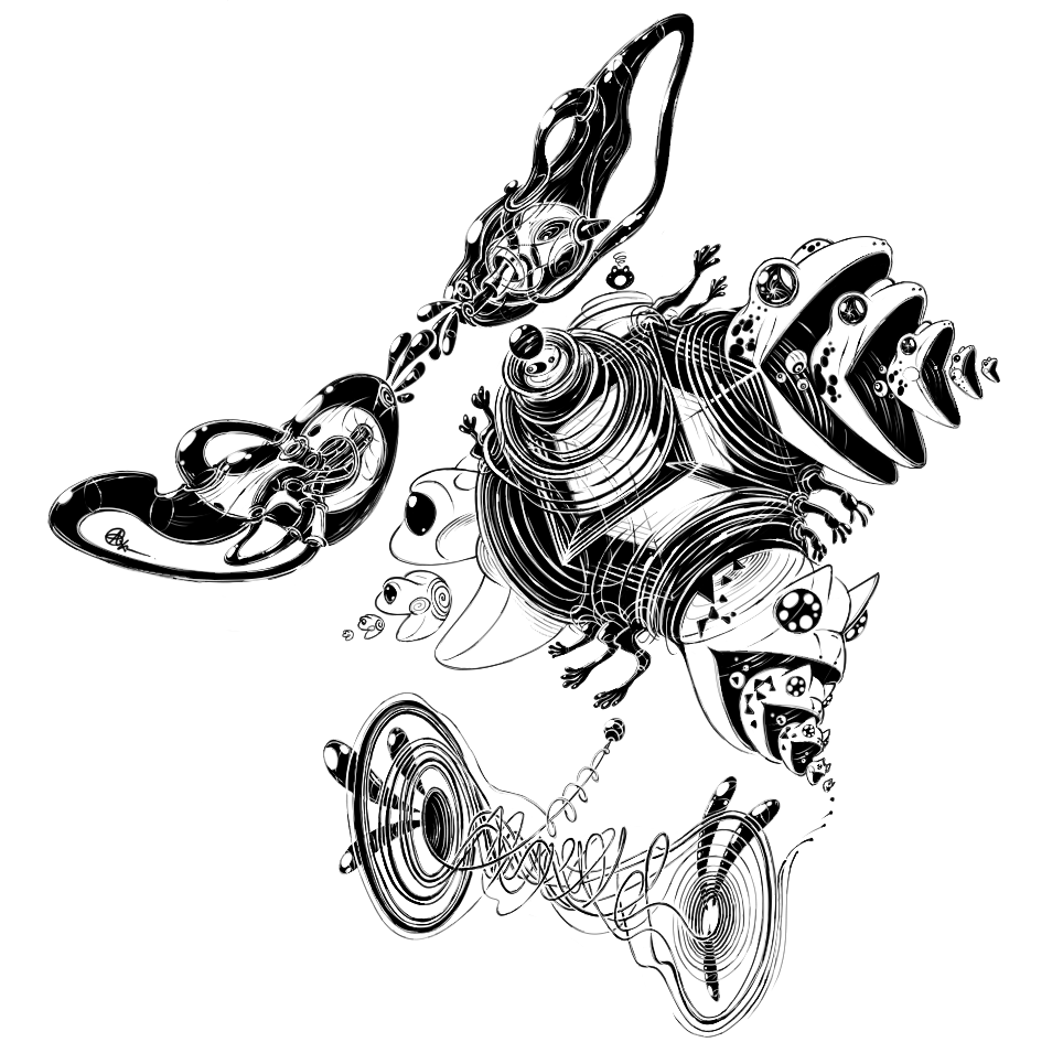black and white digital illustration of surreal rotating frogs colliding with klein bottles and a strange attractor, chaotic and higher dimensional