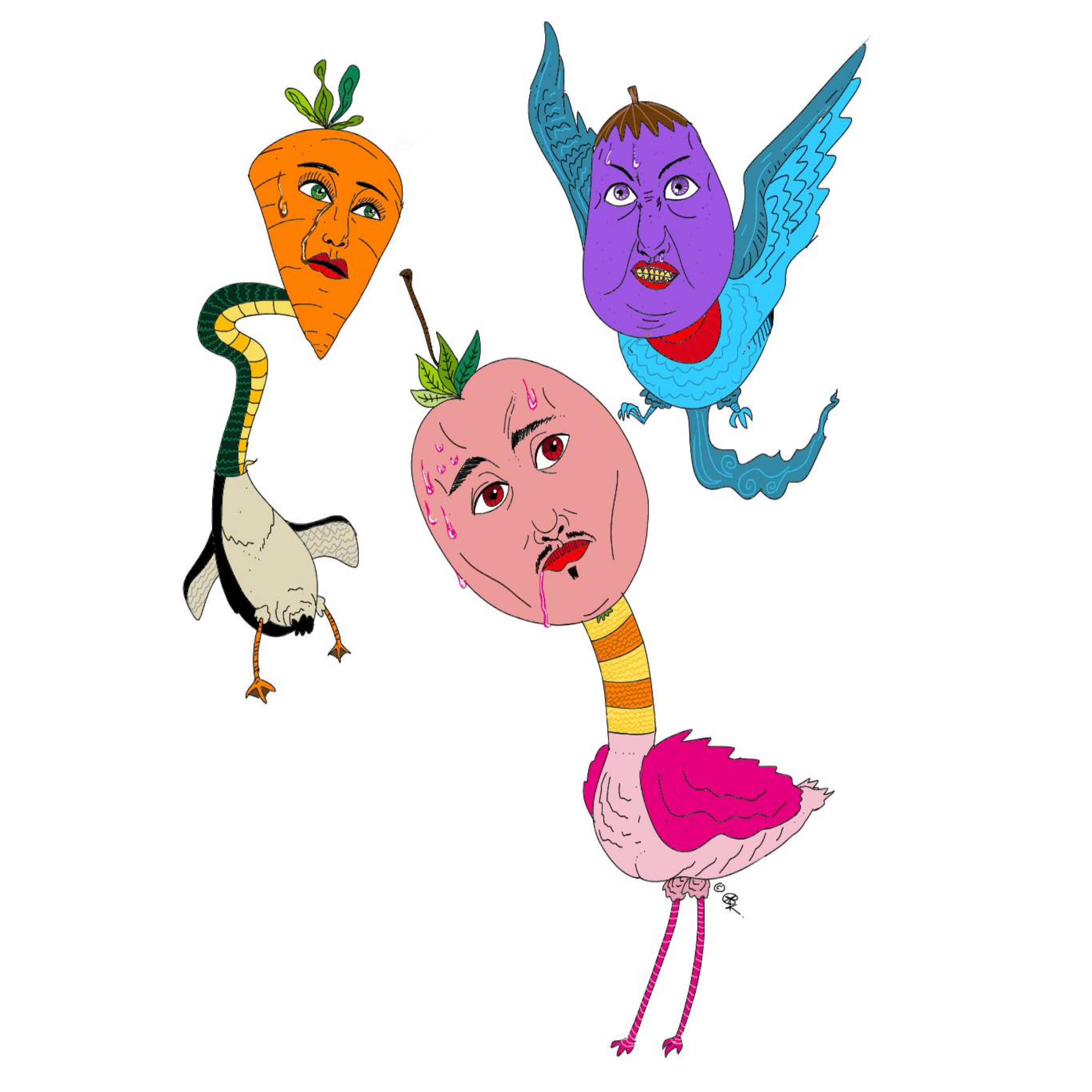 finger-drawn colorful illustration of three birds with fruit heads and human expressions — an angry purple eggplant, a crying orange carrot, and a meh pink peach