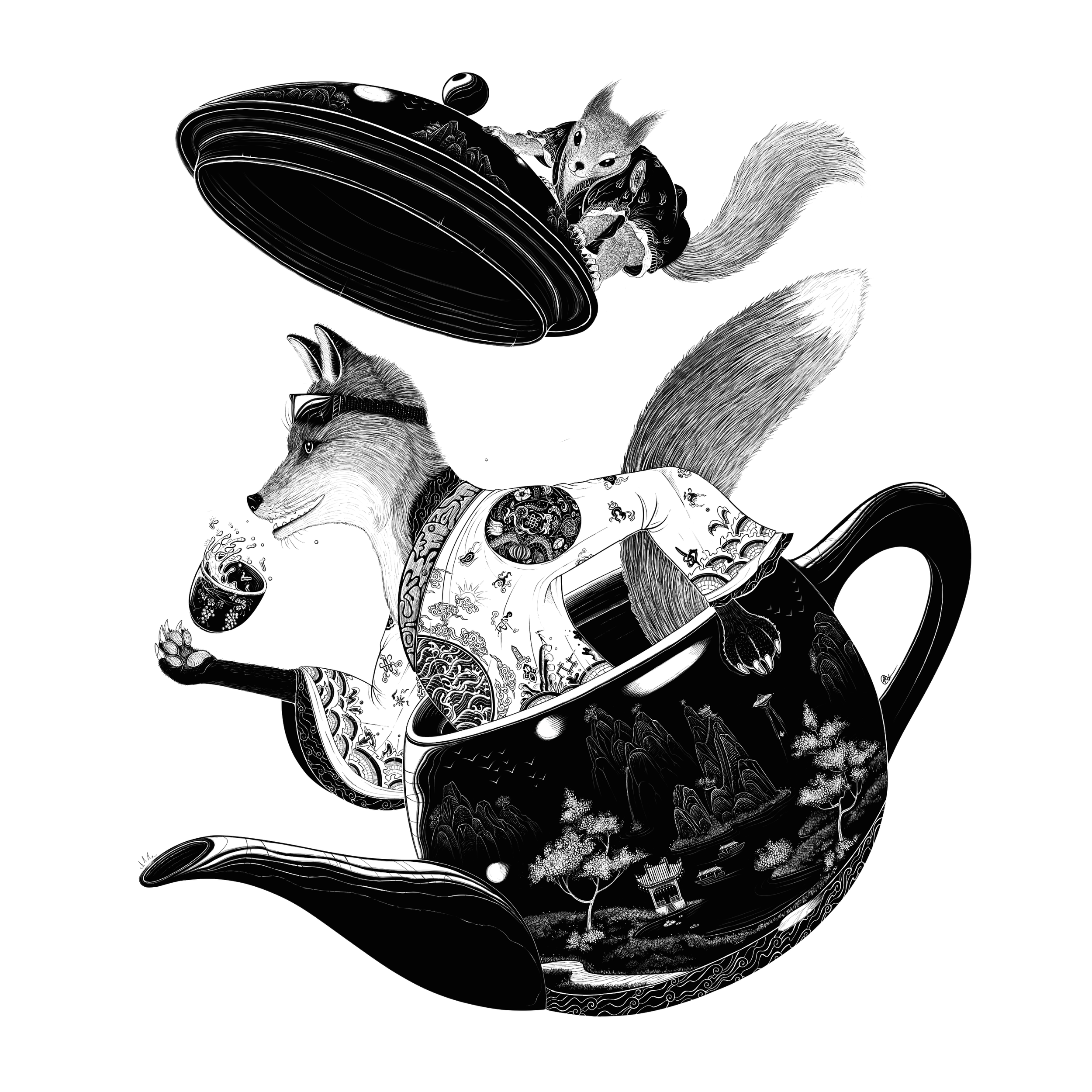 intricate black and white illustration of a red fox in chinese emperor robes in a flying teapot with traditional chinese garden paintings, squirrel on the lid