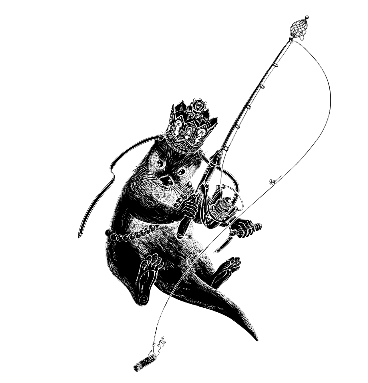 black and white illustration of a river otter in a tang monk pilu hat with buddha otters, holding a fishing rod baited with dynamite