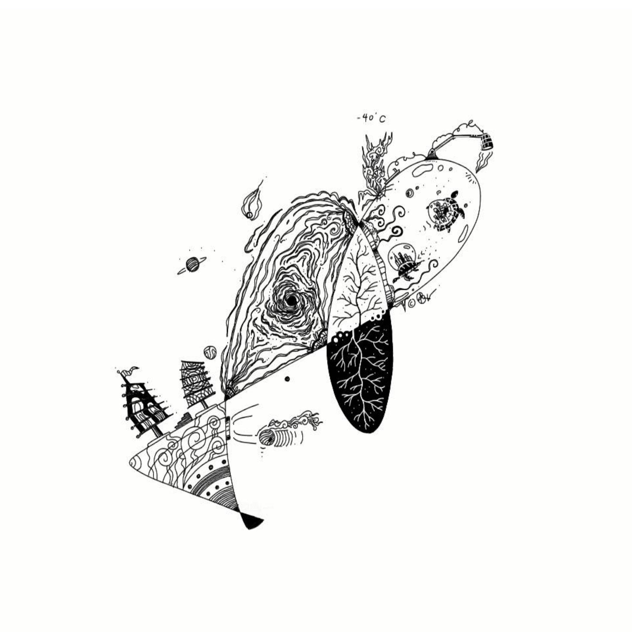 finger-drawn black and white illustration of a chinese junk, trees, and turtles with city snow globes on their shells, connected by a swirling vortex