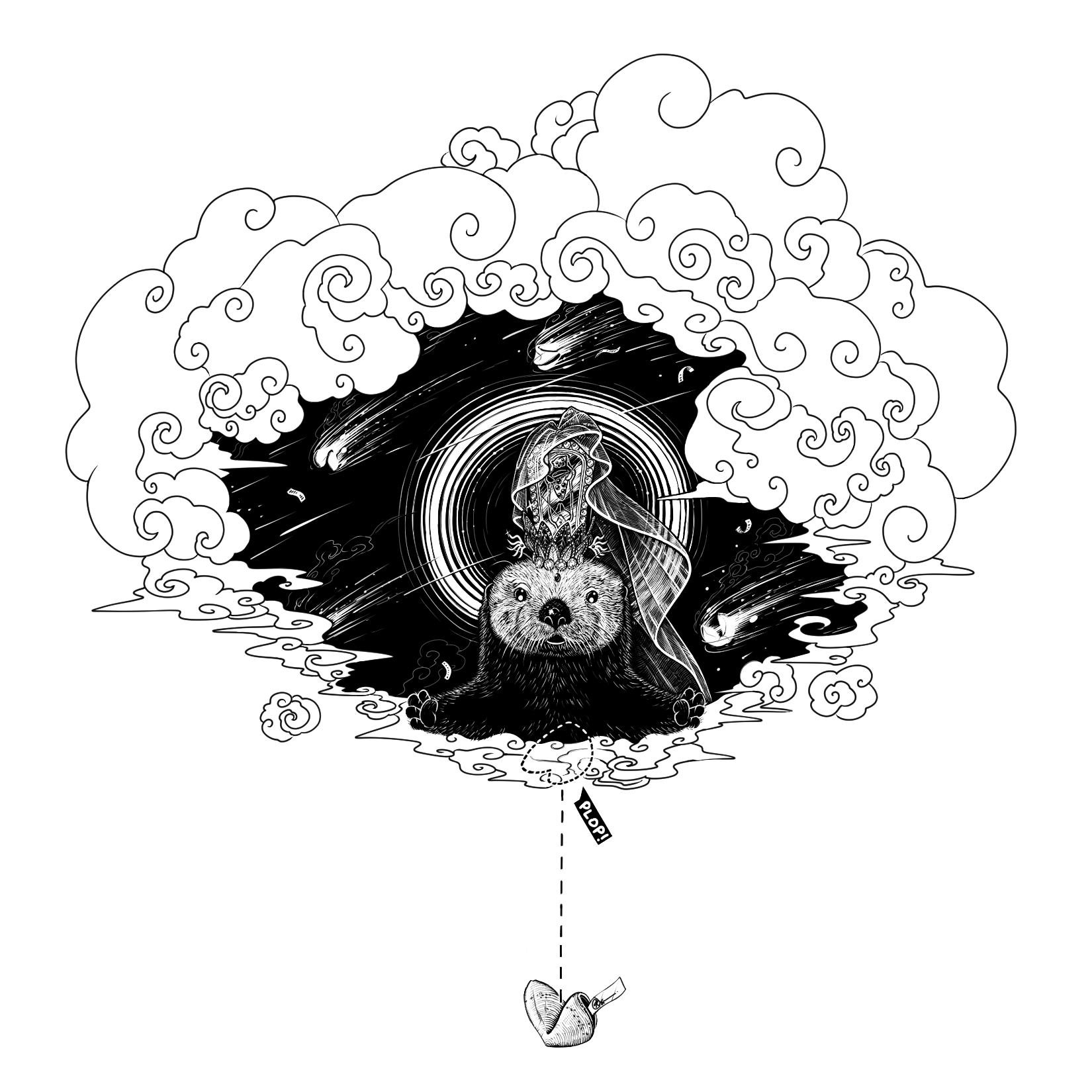 black and white illustration of a sea otter dressed as guanyin, dropping fortune cookies from chinese clouds as meteors streak past