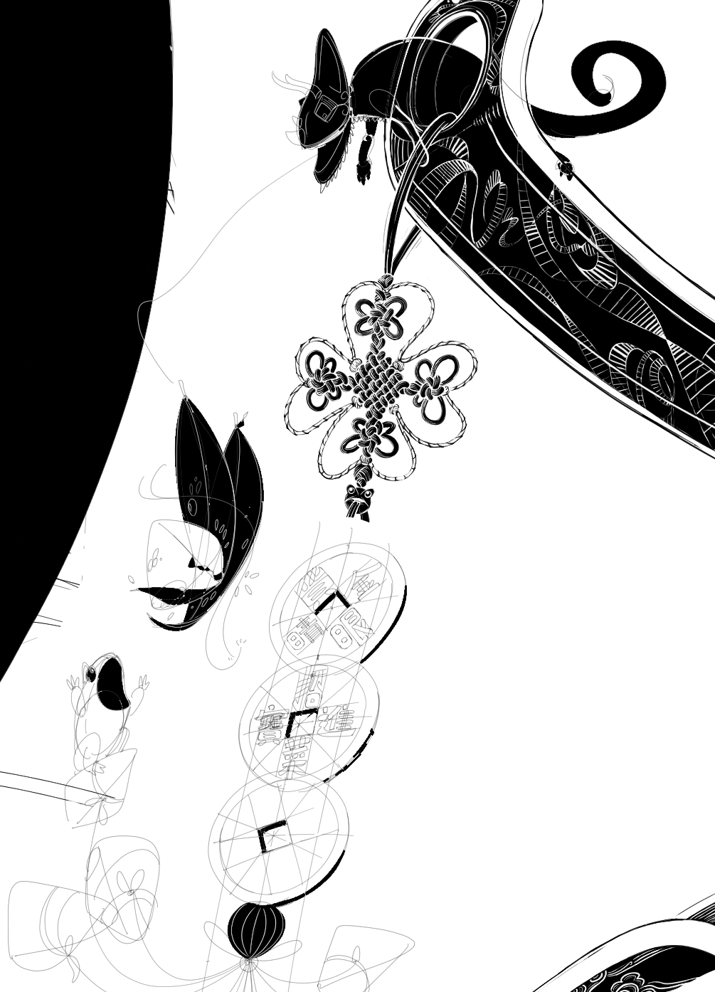 in progress shot of a chinese coin braid, and a chameleon and frog fighting over a zongzi