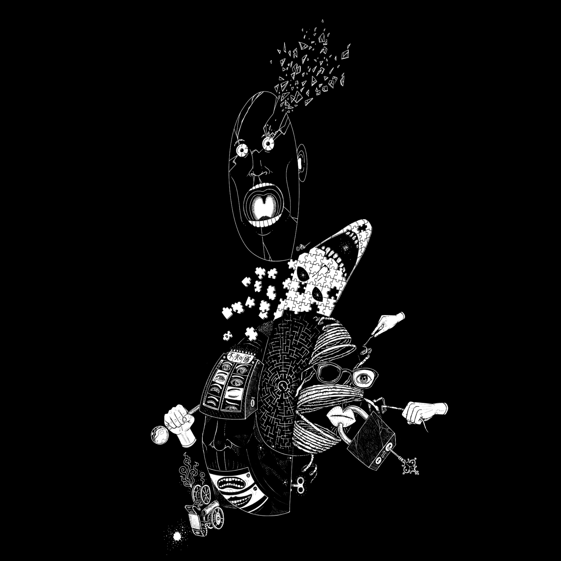 finger-drawn black and white illustration of angsty surreal human faces — one with slot machines for eyes and mouth, a face disintegrating into puzzle pieces, and a figure unraveling into emptiness