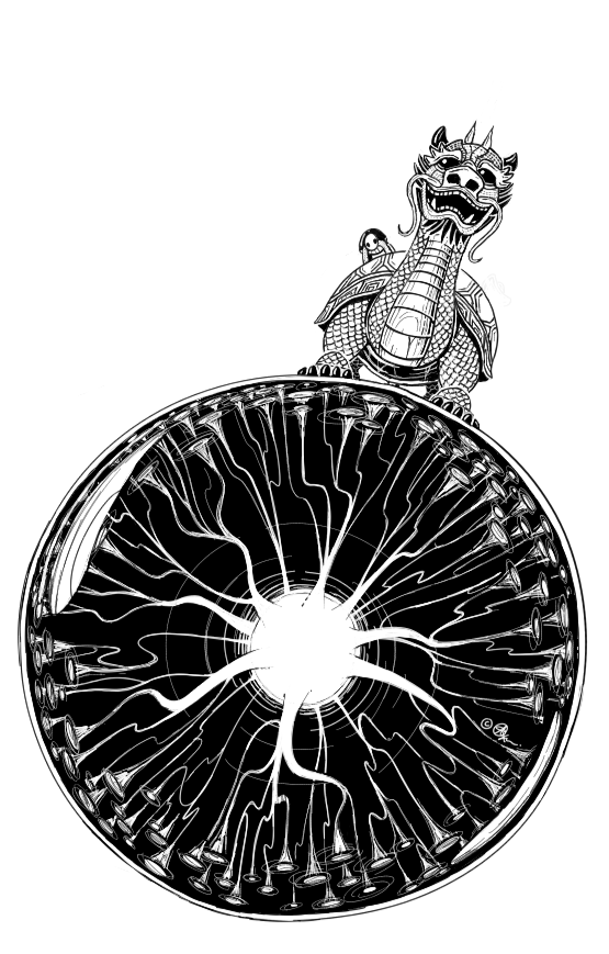 black and white illustration of a chinese long gui (龍龜) turtle dragon atop a newton's cradle plasma ball with pulsing lightning tendrils