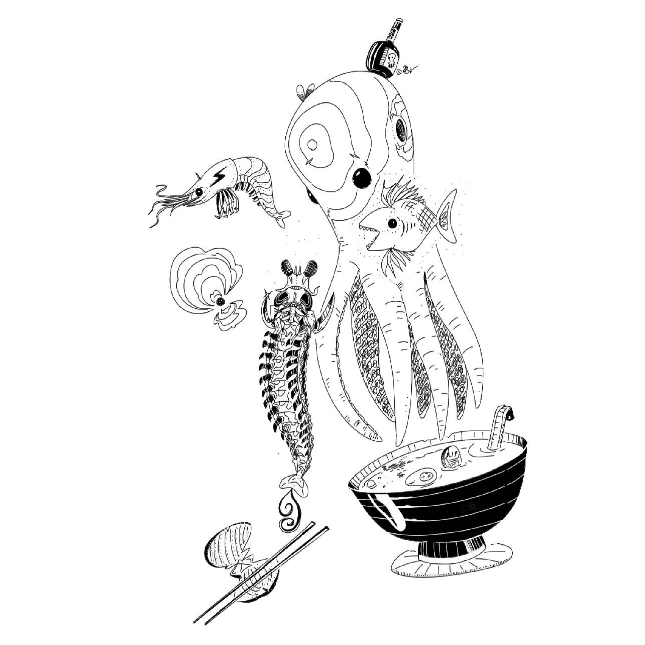 finger-drawn black and white illustration of an octopus, mantis shrimp, and shrimp floating above a bowl of ramen with noodles and egg