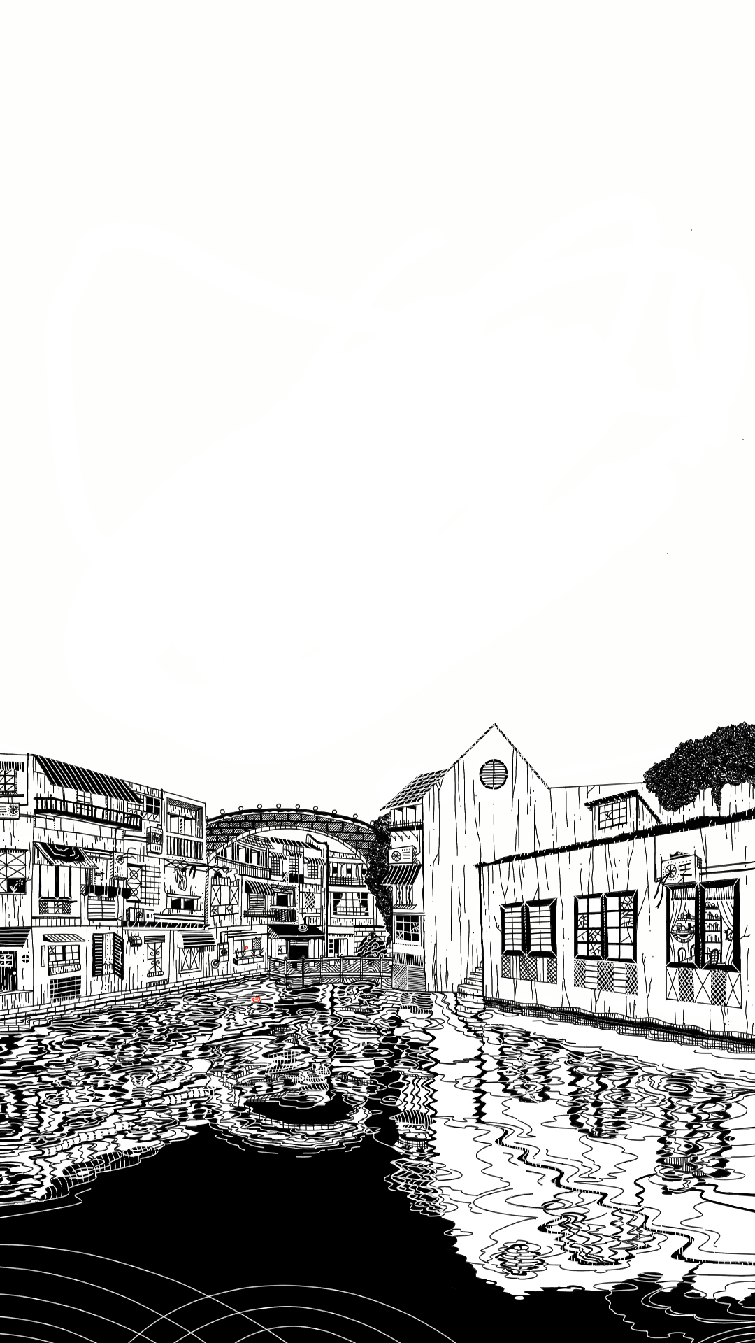 finger-drawn black and white illustration of an idyllic chinese river village with traditional houses and trees receding to a vanishing point, a swirling distorted reflection in the river below