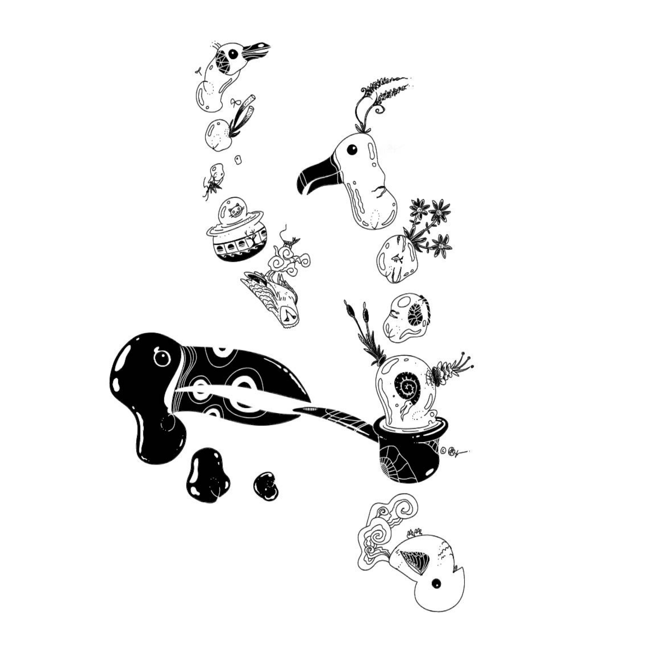 finger-drawn black and white illustration of a bubble-formed toucan blowing bird bubbles through a smoking pipe, among a flamingo, barn owl, and cock of the rock