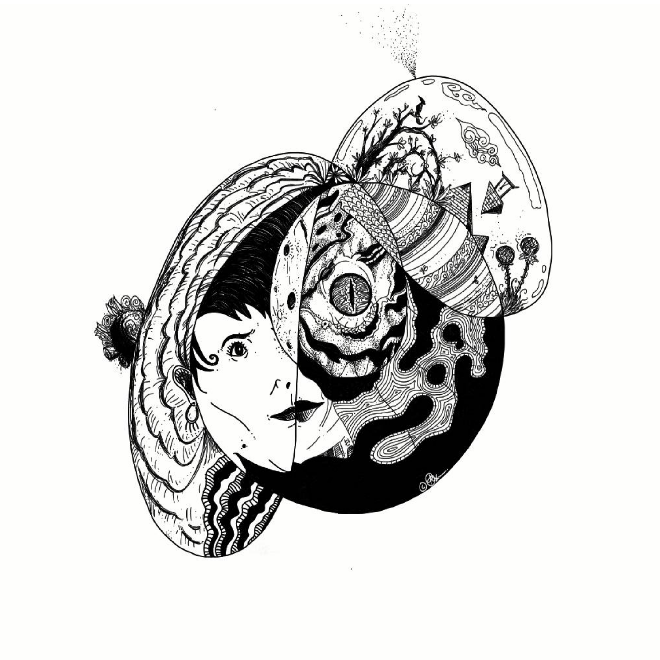 finger-drawn black and white illustration of a surreal abstract form containing human faces, a central lizard eye, and a pyramid enclosed in glass
