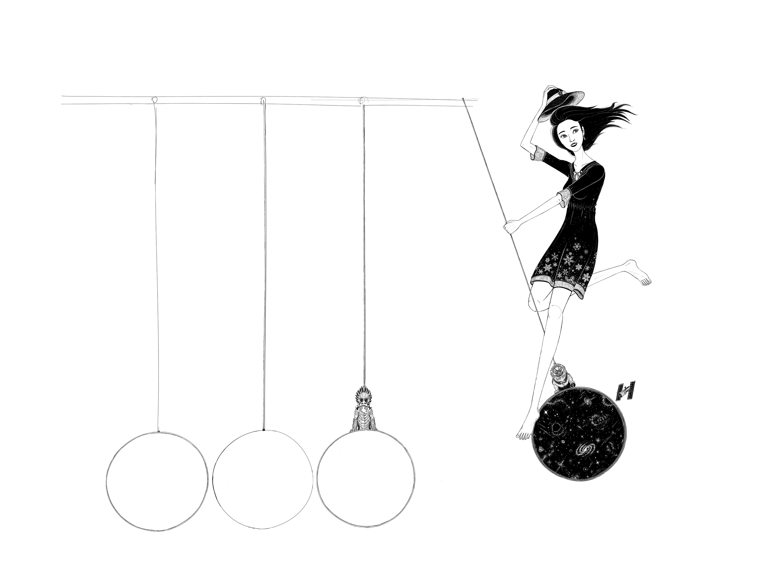 in progress drawing of a girl swinging on a newton's cradle which contains balls filled with space objects - black holes, stars, and galaxies