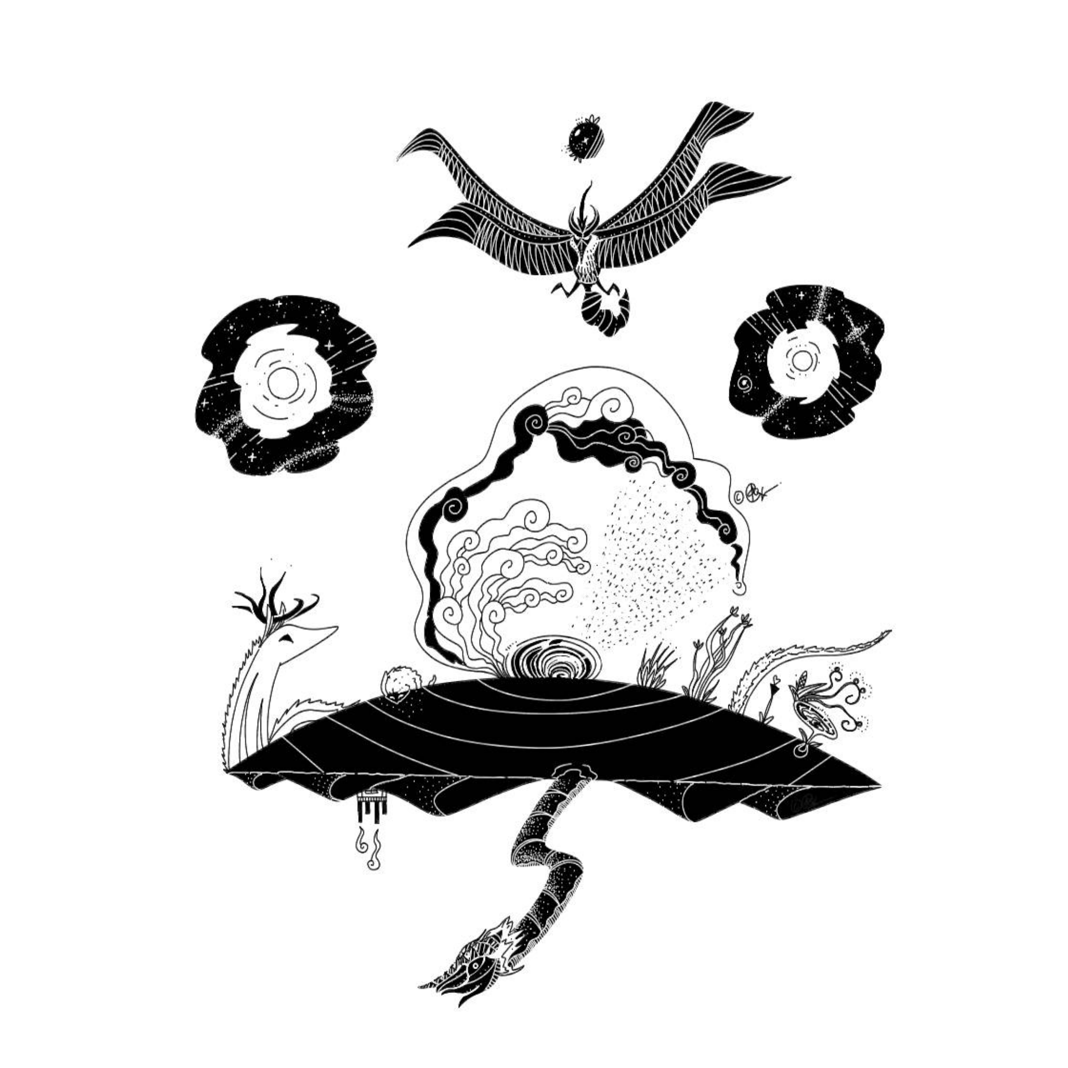 finger-drawn black and white illustration of extraterrestrial wildlife — a four-winged bird, serpent, and antlered cheetah-inspired creature in an alien environment