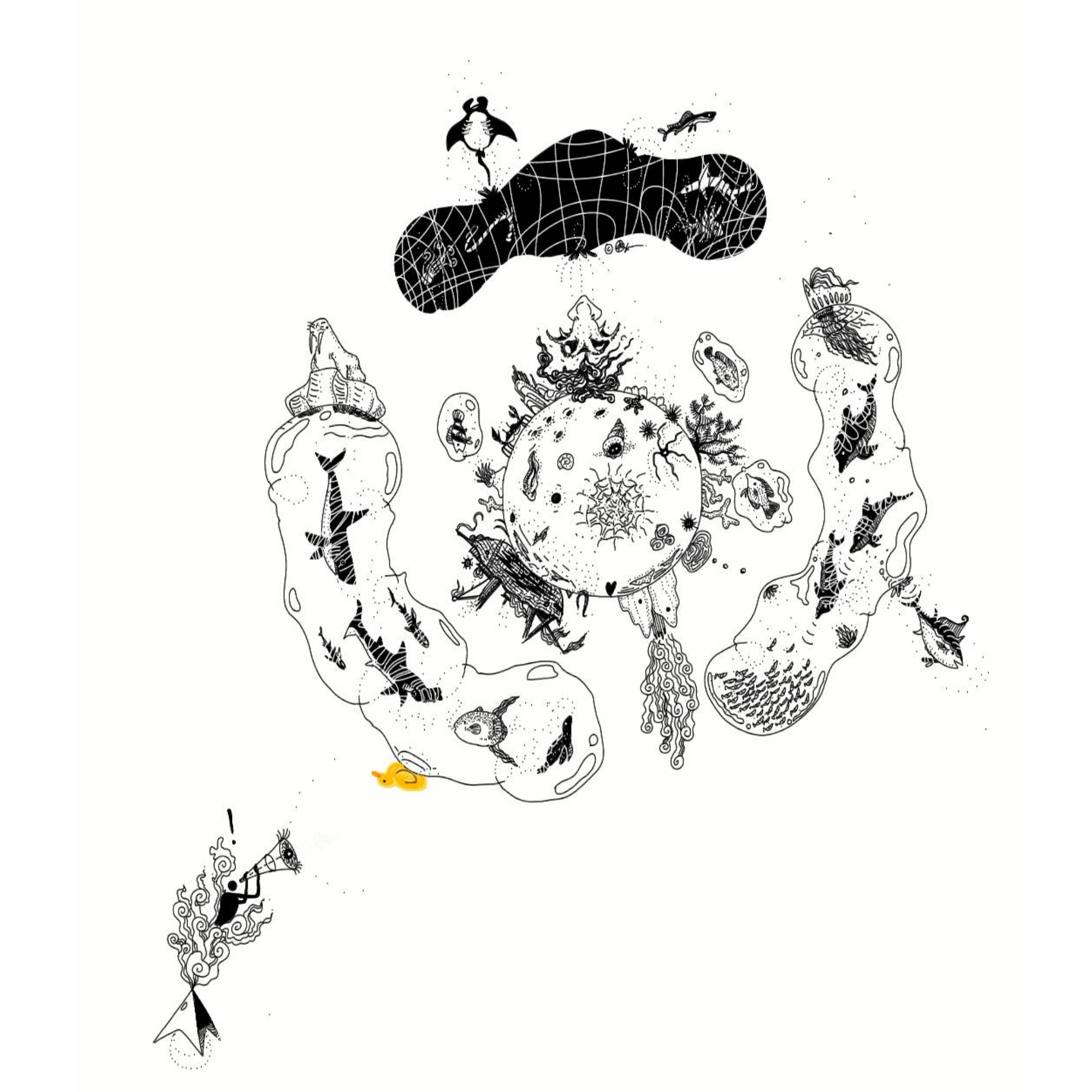 finger-drawn black and white illustration of three marine life bubbles floating above a planet, sharks, manta rays and dolphins within, a sunken ship and octopus below