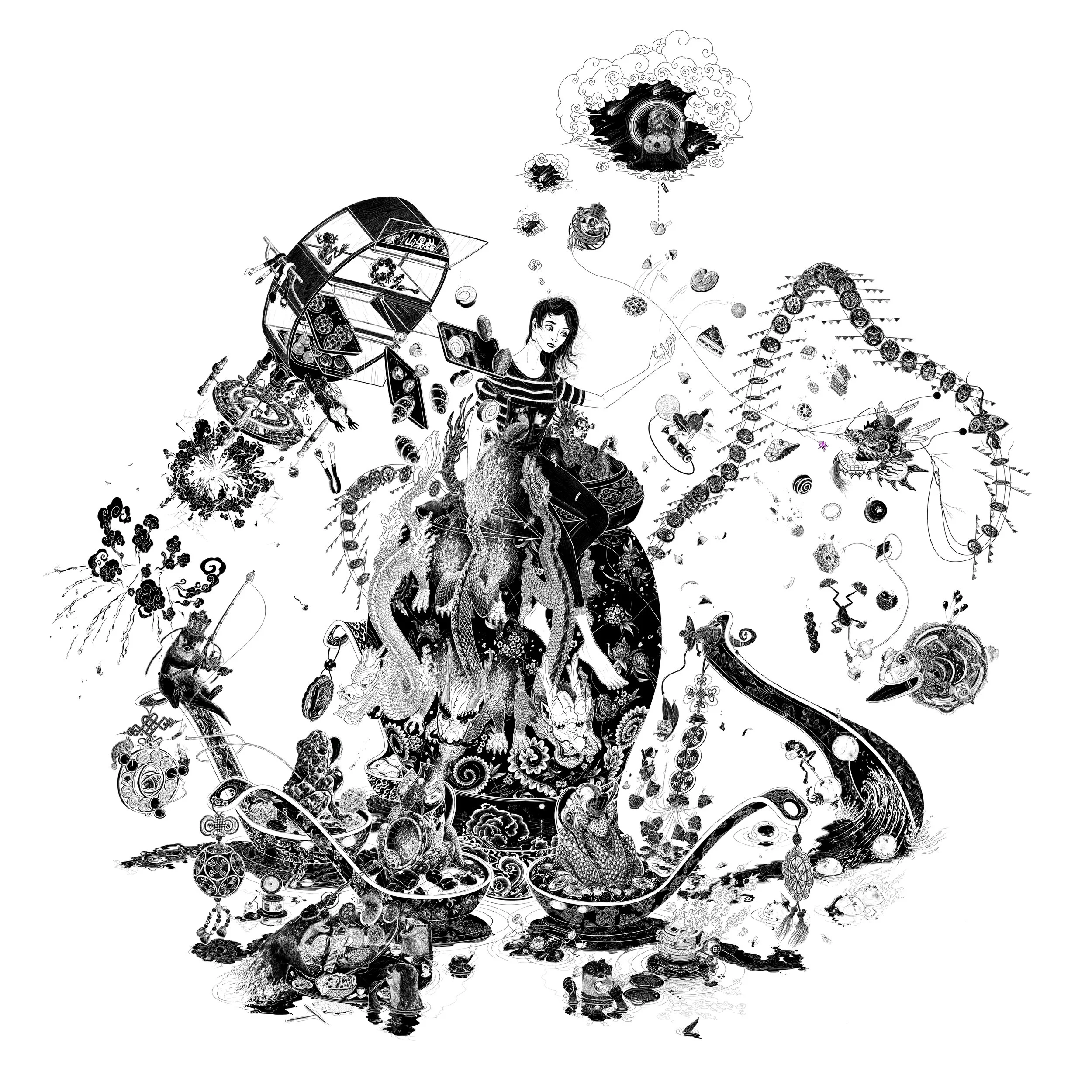 black and white illustration of a girl atop an ancient chinese seismoscope with dragons, tossing chinese pastries to waiting frogs below