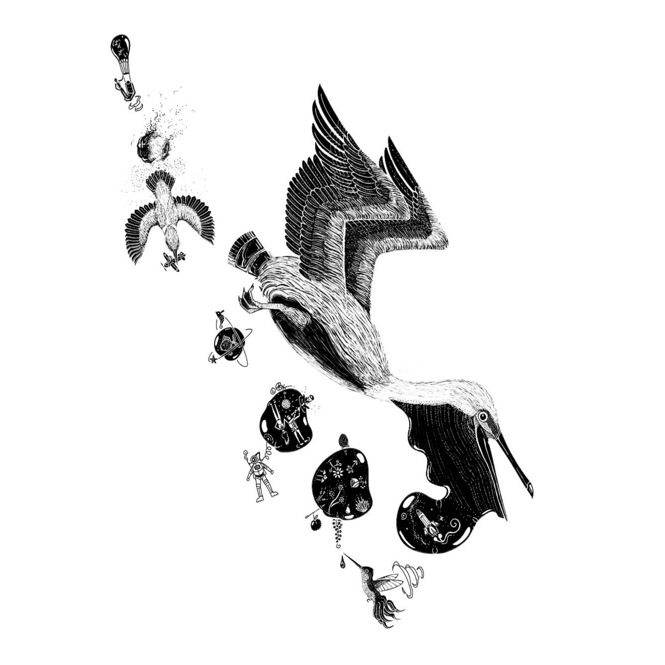 finger-drawn black and white illustration of a surreal pelican, bubbles detaching from its pouch — a spaceship, astronaut, and flowers drifting within