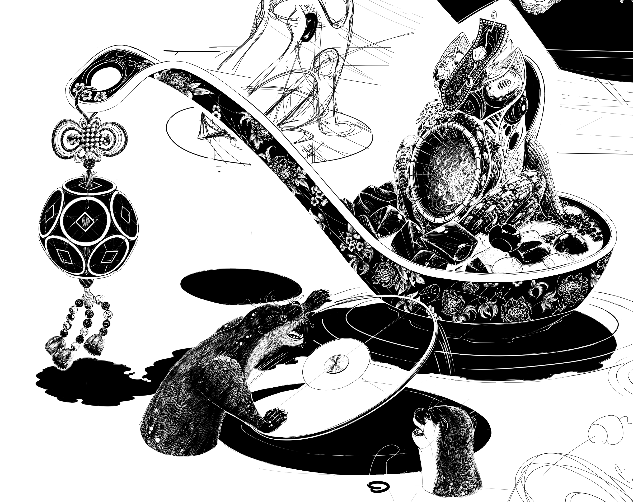 in progress shot of a statue of a malaysian horned frog sitting in a chinese soup spoon, with a river otter flipping a lazy susan