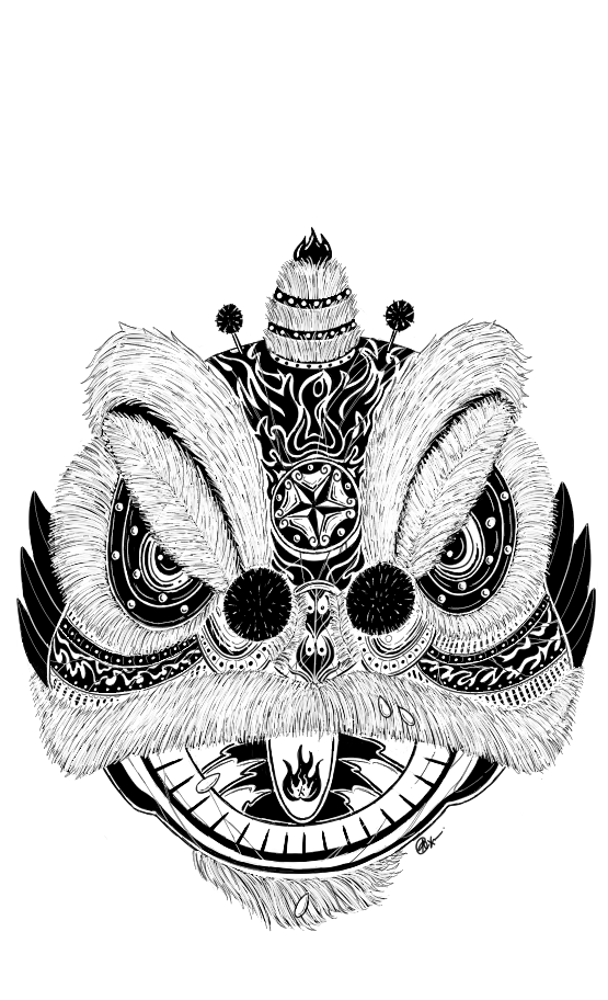 black and white illustration of a fierce ball-shaped chinese lion dance costume head, part of a newton's cradle series