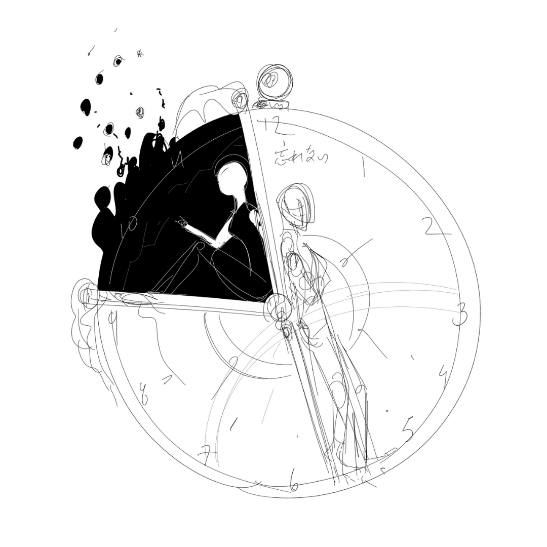 concept art of a man and woman standing in a clock