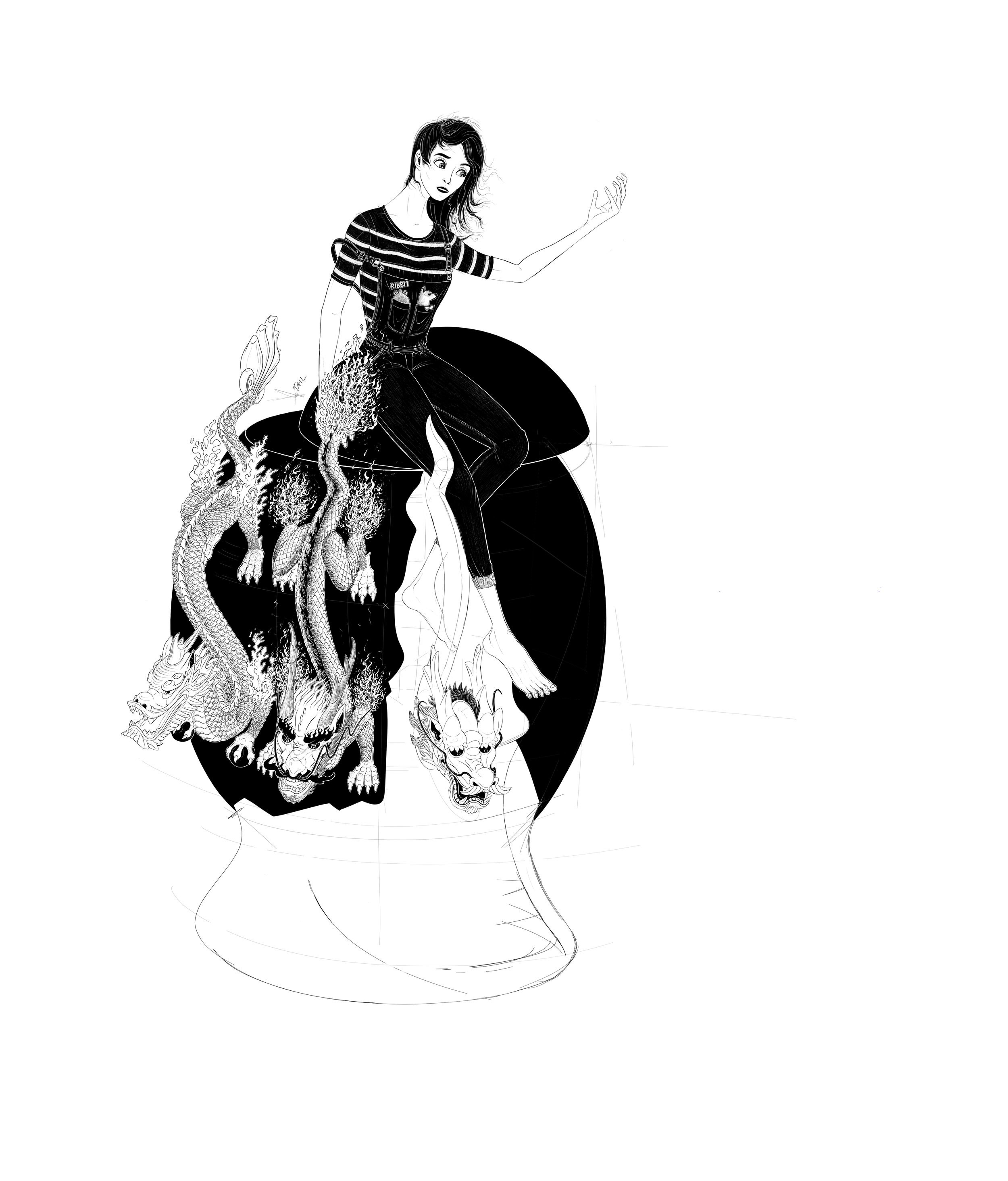black and white drawing of a woman wearing striped shirt and overalls, sitting on a seismoscope with dragons wrapped around it