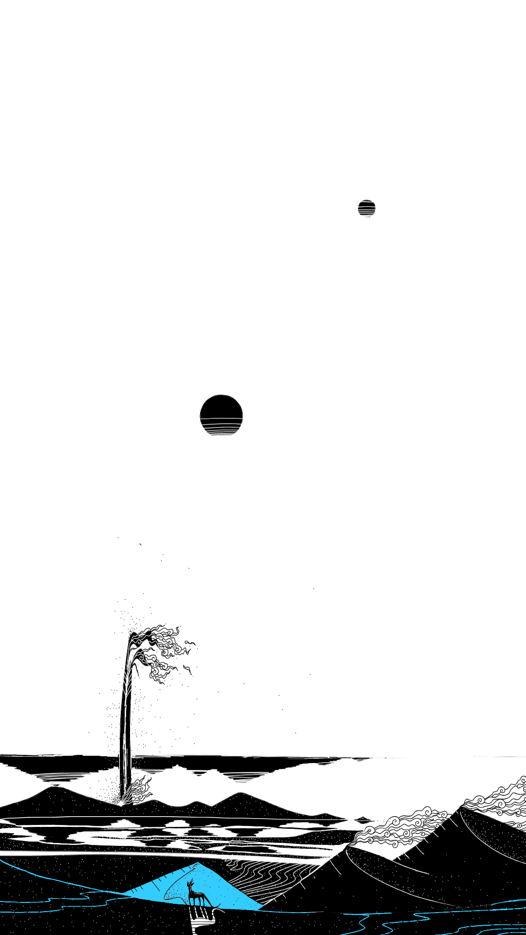 finger-drawn black and white illustration of a cinematic alien desert, a blue sand dune framing a cheetah-inspired creature, a fata morgana mirage above, twin suns and dust devils