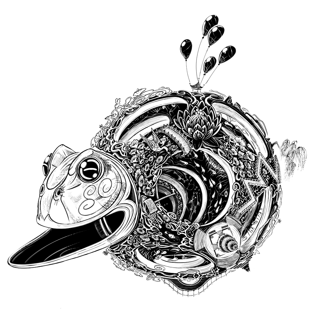 black and white illustration of a chinese puzzle ball engraved with garden patterns, inception-style layers of tadpoles and koi, topped with a smiling frog