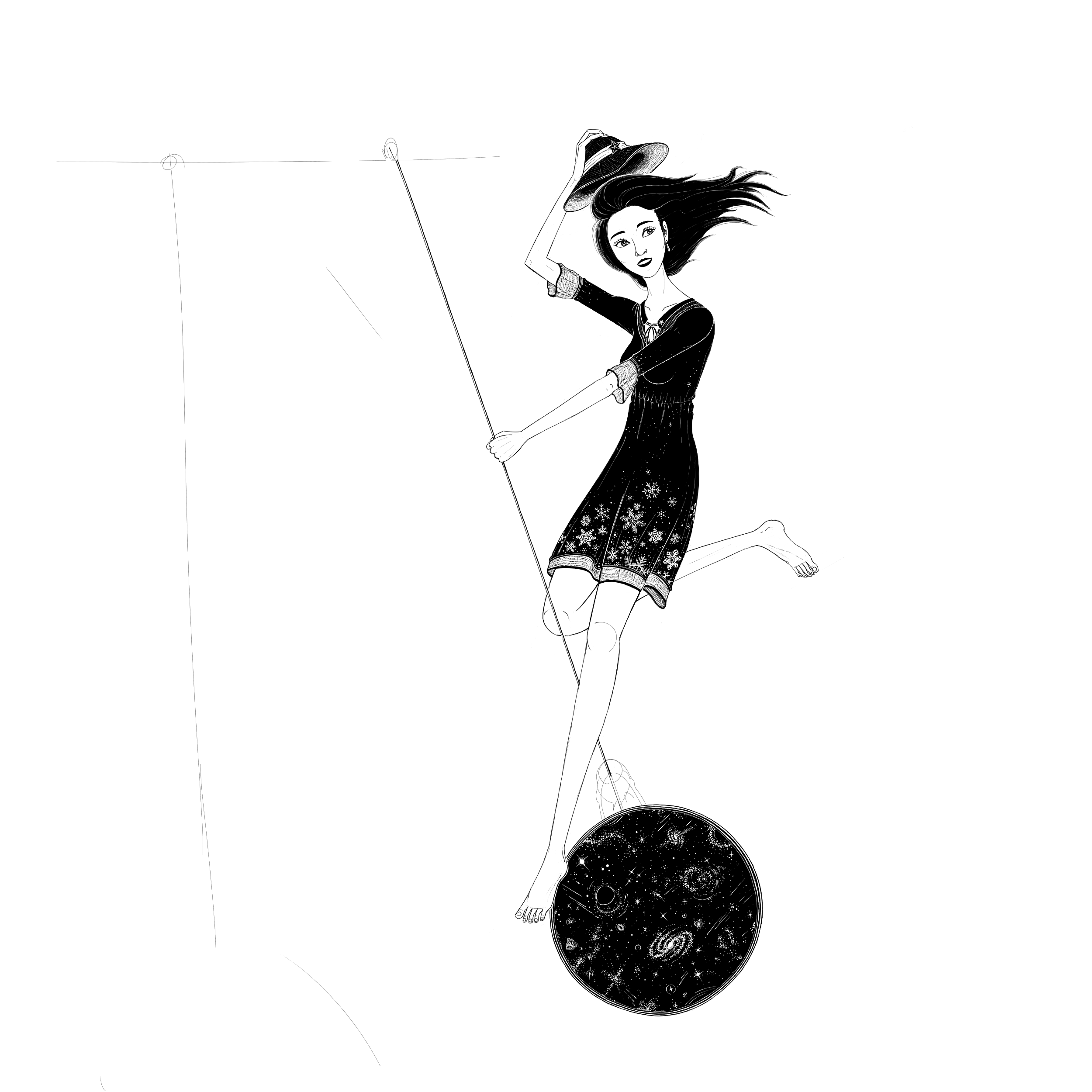 in progress drawing of a girl swinging on a ball filled with space objects - black holes, stars, and galaxies