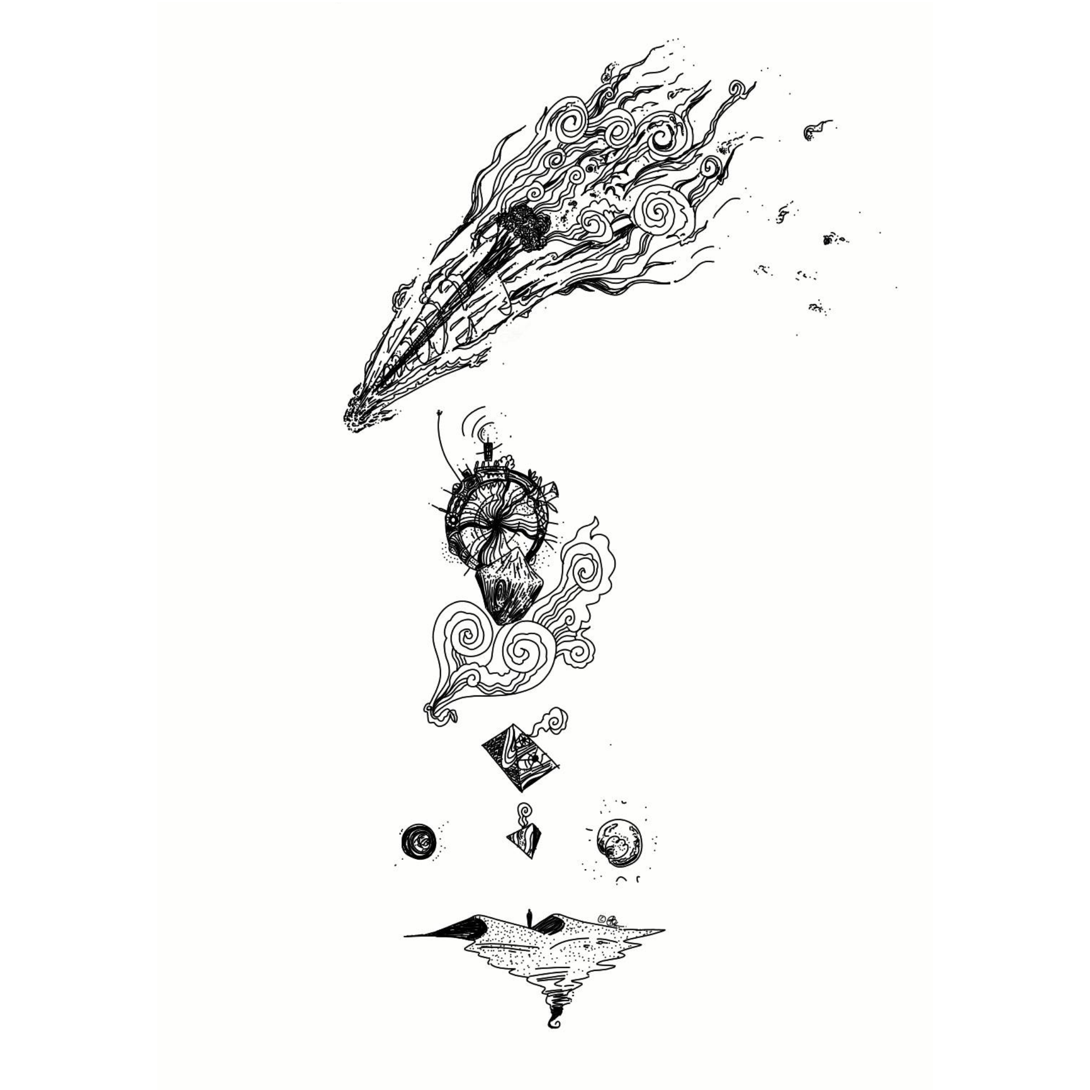 finger-drawn black and white illustration of a burning tree falling through atmosphere above a desert, apocalyptic and surreal