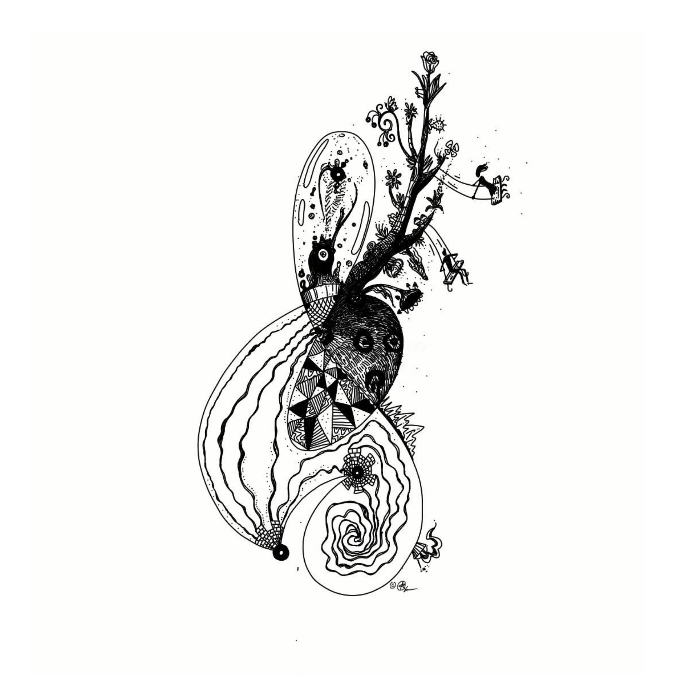 finger-drawn black and white illustration of a treble clef filled with geometric patterns and lines, a tree growing from within with two silhouettes swinging from its branches