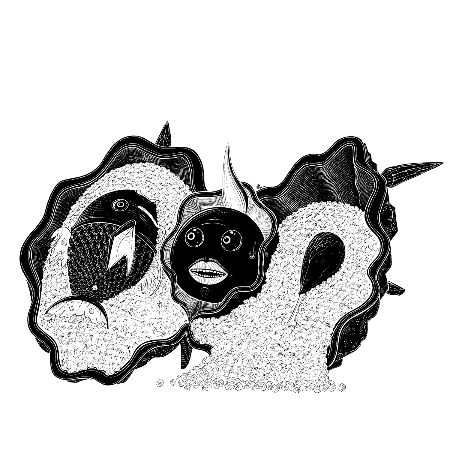 black and white pokemon illustration of a surprised cloyster opened up, one shell half holding a psyduck leg on ice, the other a magikarp on ice