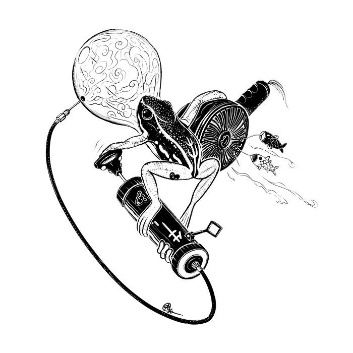 detailed black & white sketch of a poison dart frog on a bicycle pump, inflating its throat sac like a balloon while holding an electric fan
