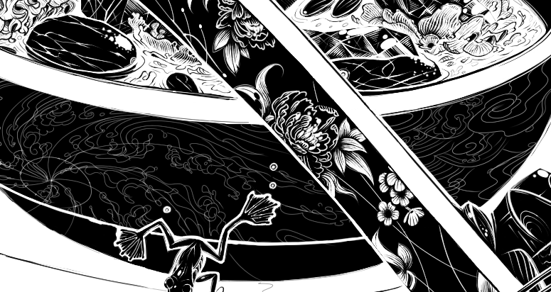 sketch shot of chinese-style waves on a soup spoon holding chinese dessert